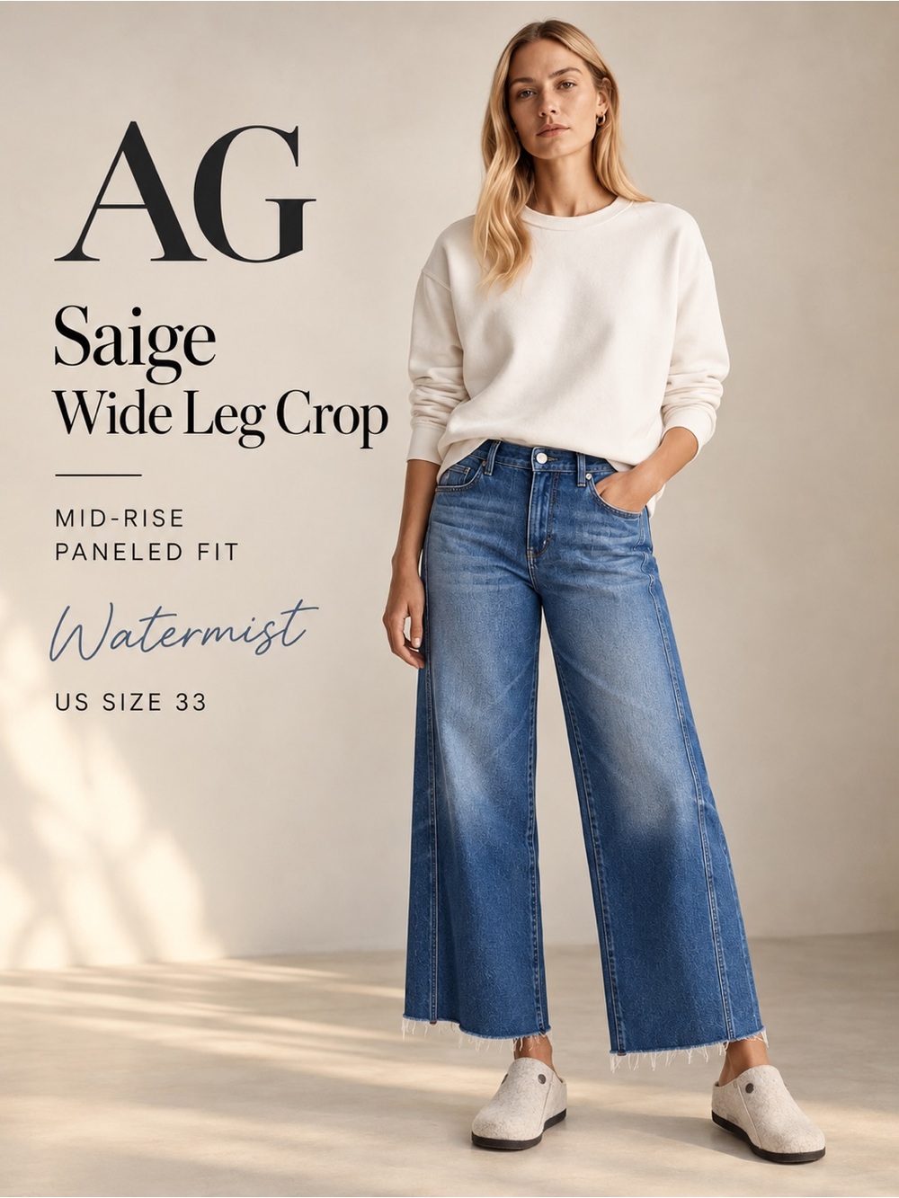 AG Saige Wide Leg Crop Watermist Paneled Jeans Size 33